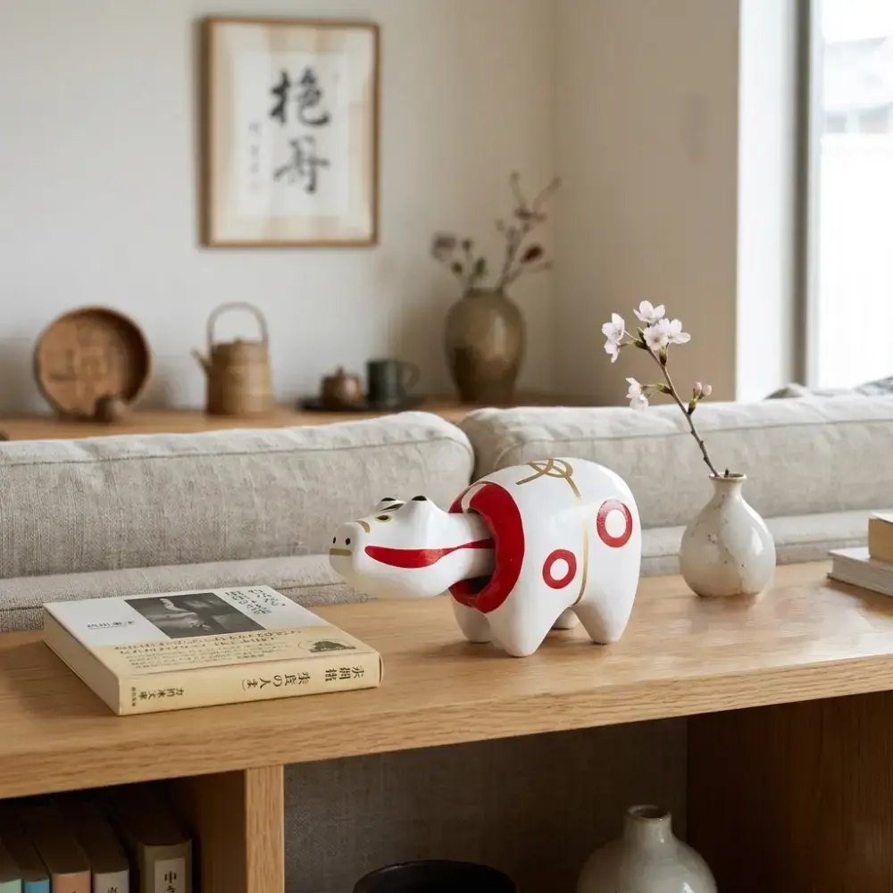 Akabeko White Lucky Cow Figurine Handcrafted Japanese Home Decor - Image 3